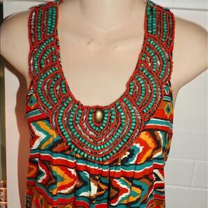 Y2K NEVER WORN SOUTHWESTERN PRINT SLEEVELESS BEADED TOP W/ TURQUOISE & BRASS S